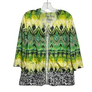 Onque Casuals Hooded Shirt Jacket Women's Size L Full Zip Green Yellow Sequin